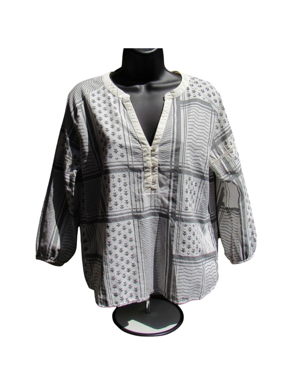 Prana Top Womens XS White Black Organic Cotton Sleeves Blouse Peasant top